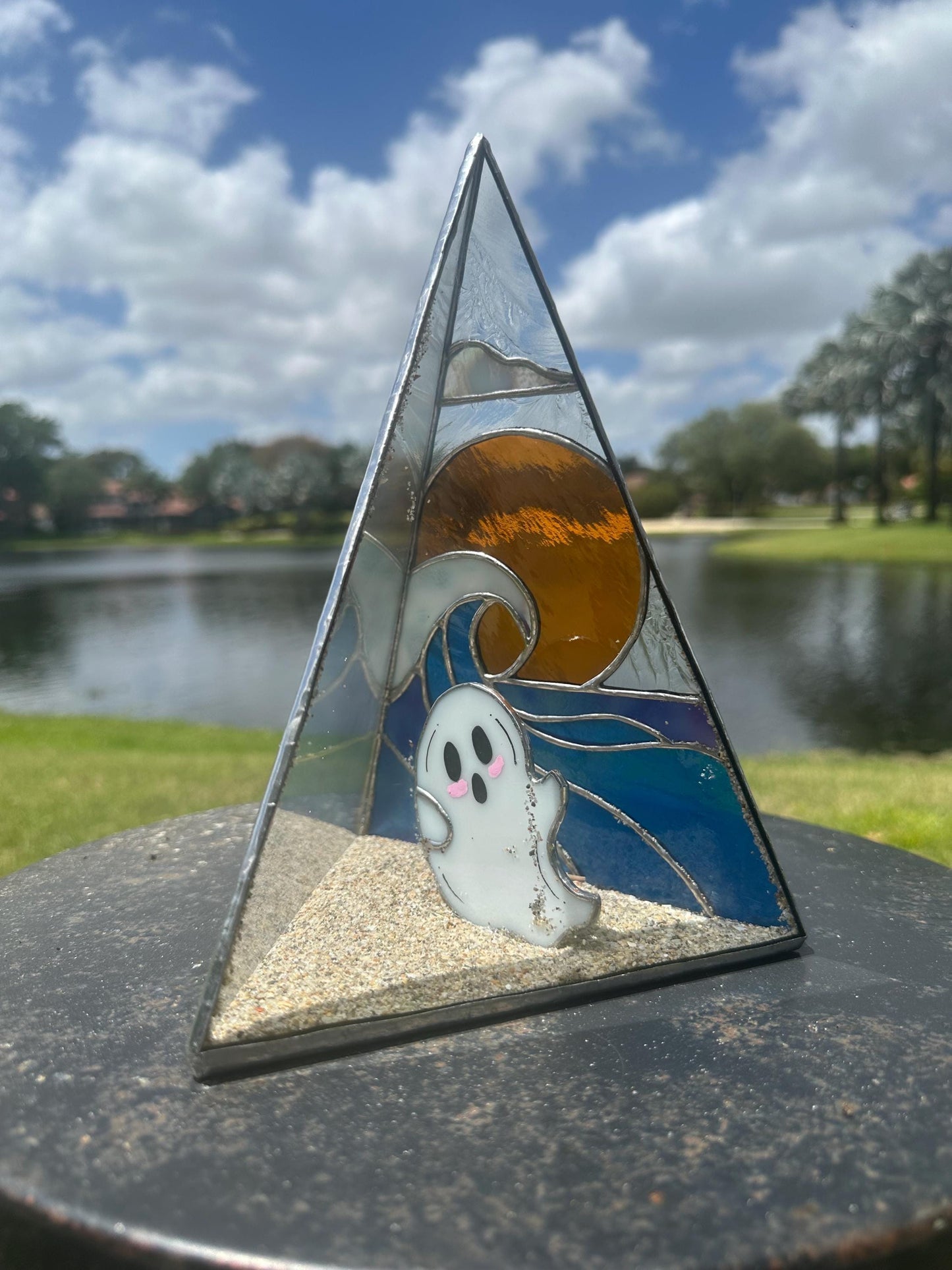 Stained Glass Beach Ghost Shadow Box – Handmade Ocean Scene with Real Sand, Coastal Spooky Decor