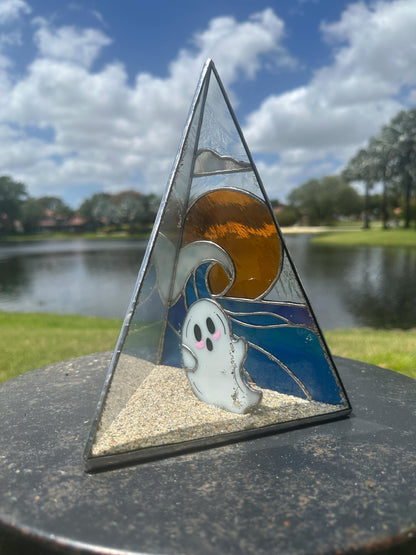 Stained Glass Beach Ghost Shadow Box – Handmade Ocean Scene with Real Sand, Coastal Spooky Decor