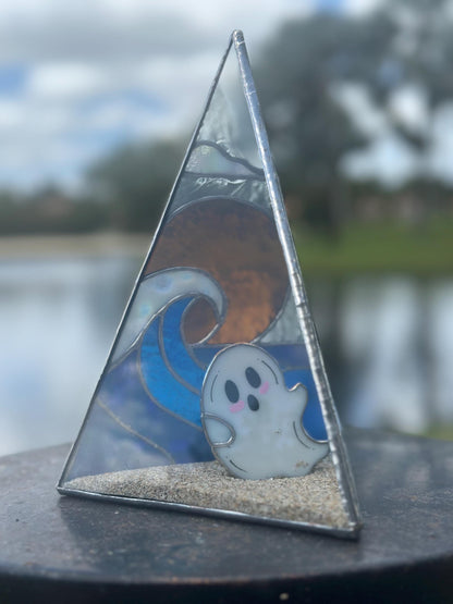 Stained Glass Beach Ghost Shadow Box – Handmade Ocean Scene with Real Sand, Coastal Spooky Decor