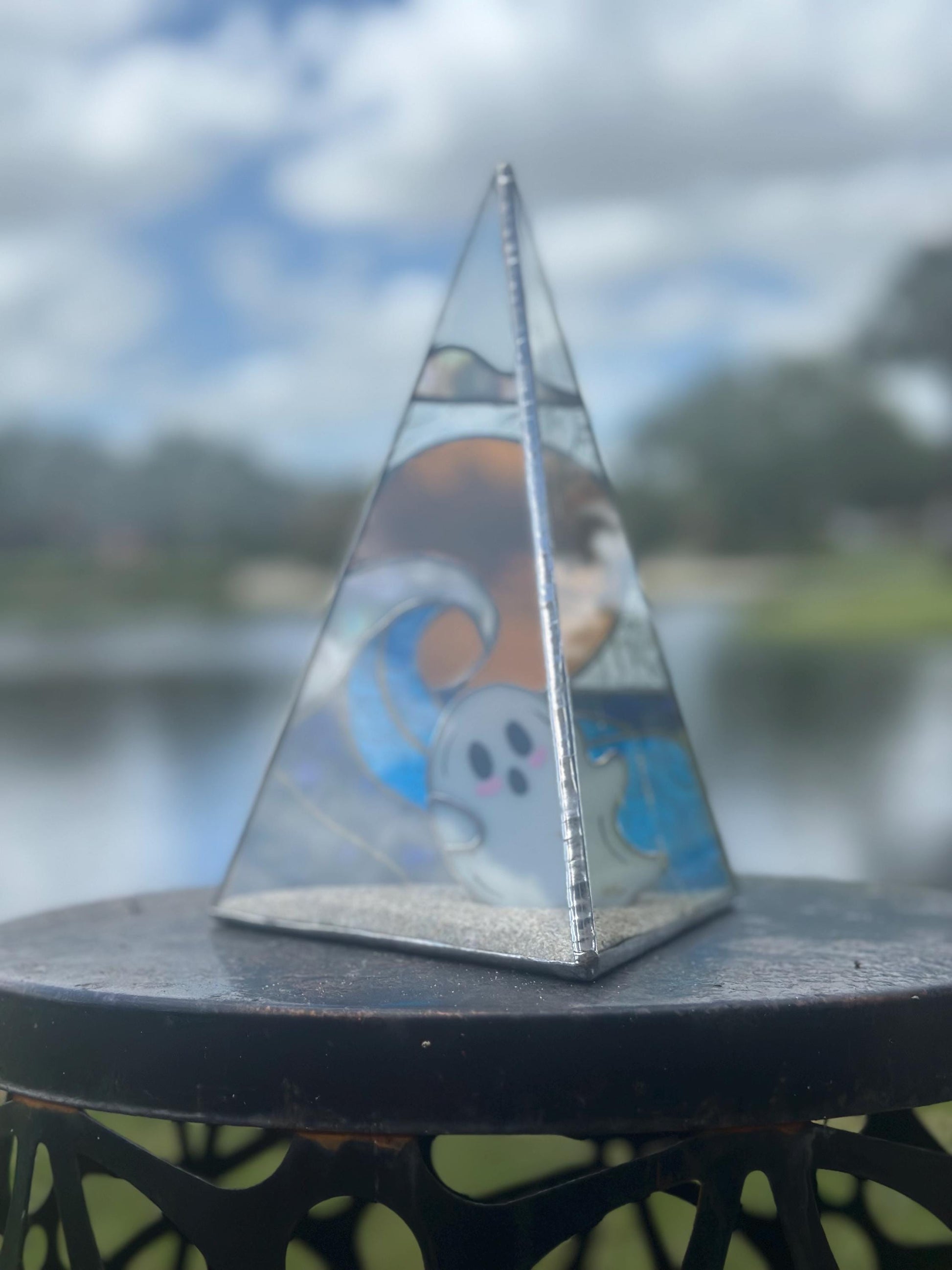 Stained Glass Beach Ghost Shadow Box – Handmade Ocean Scene with Real Sand, Coastal Spooky Decor