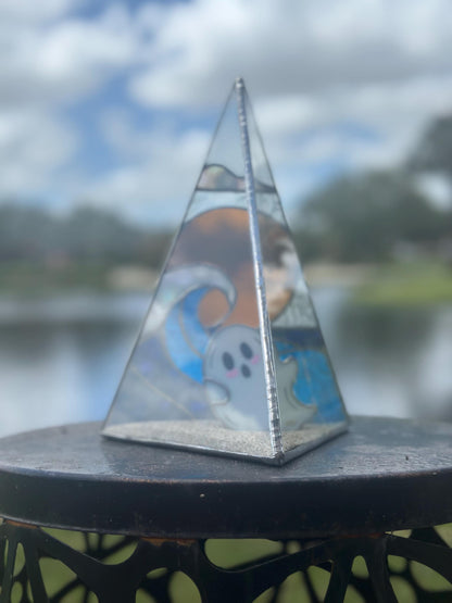 Stained Glass Beach Ghost Shadow Box – Handmade Ocean Scene with Real Sand, Coastal Spooky Decor