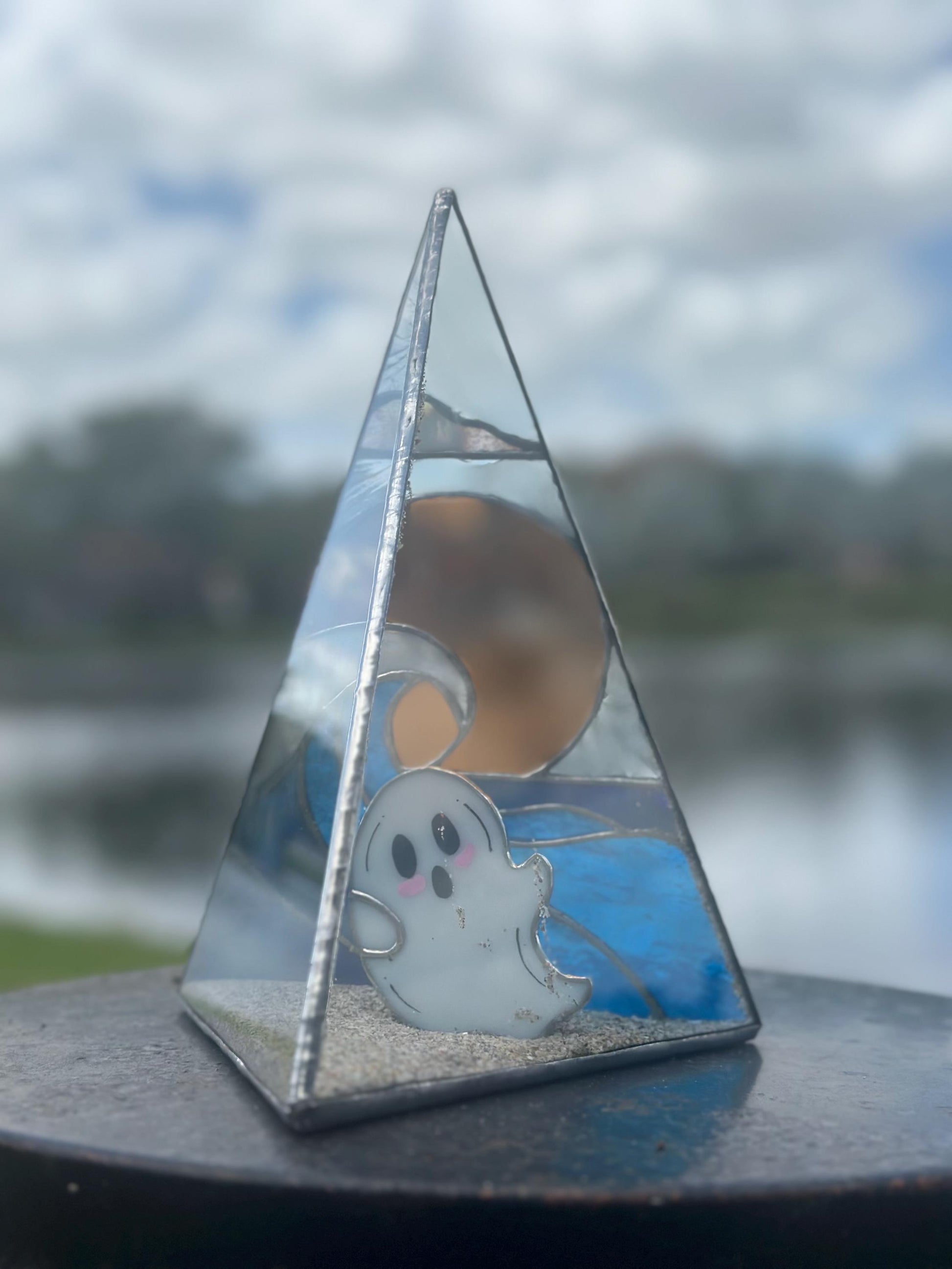 Stained Glass Beach Ghost Shadow Box – Handmade Ocean Scene with Real Sand, Coastal Spooky Decor