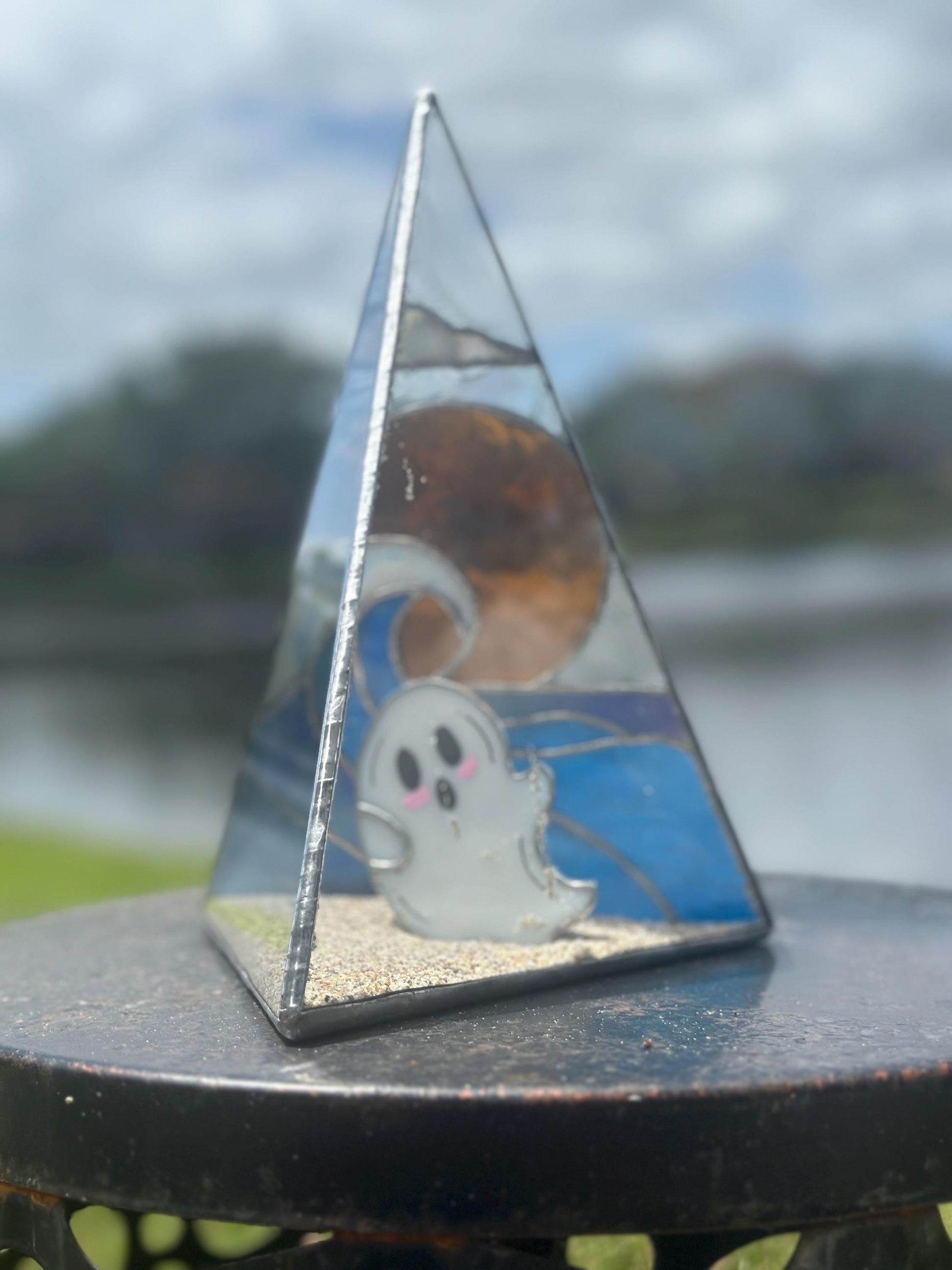 Stained Glass Beach Ghost Shadow Box – Handmade Ocean Scene with Real Sand, Coastal Spooky Decor