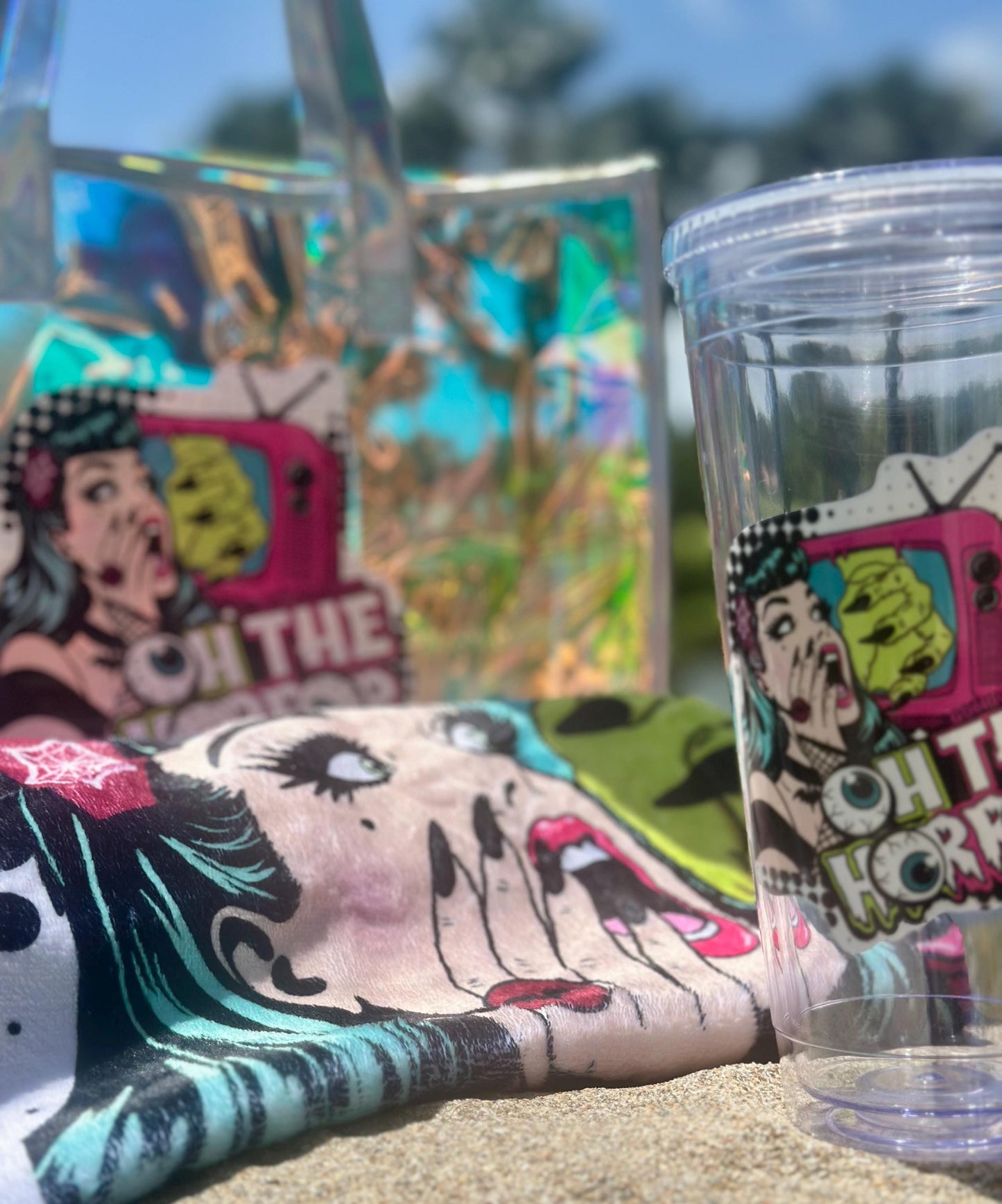 Spooky Beach Bundle Set – “Oh The Horror” Tote, Towel & 32oz Tumbler