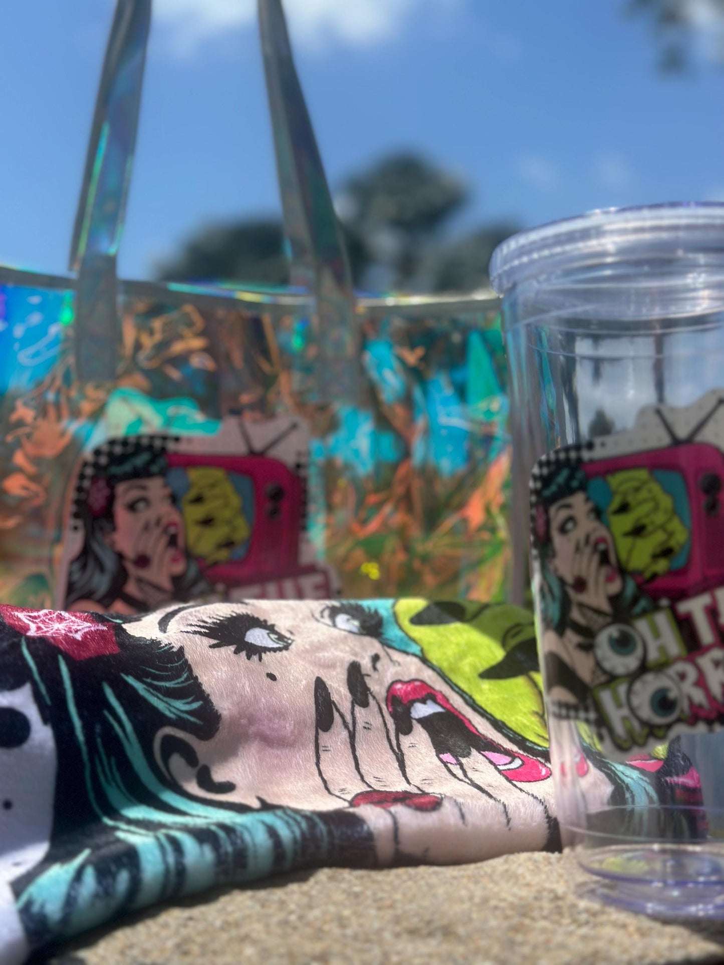 Spooky Beach Bundle Set – “Oh The Horror” Tote, Towel & 32oz Tumbler