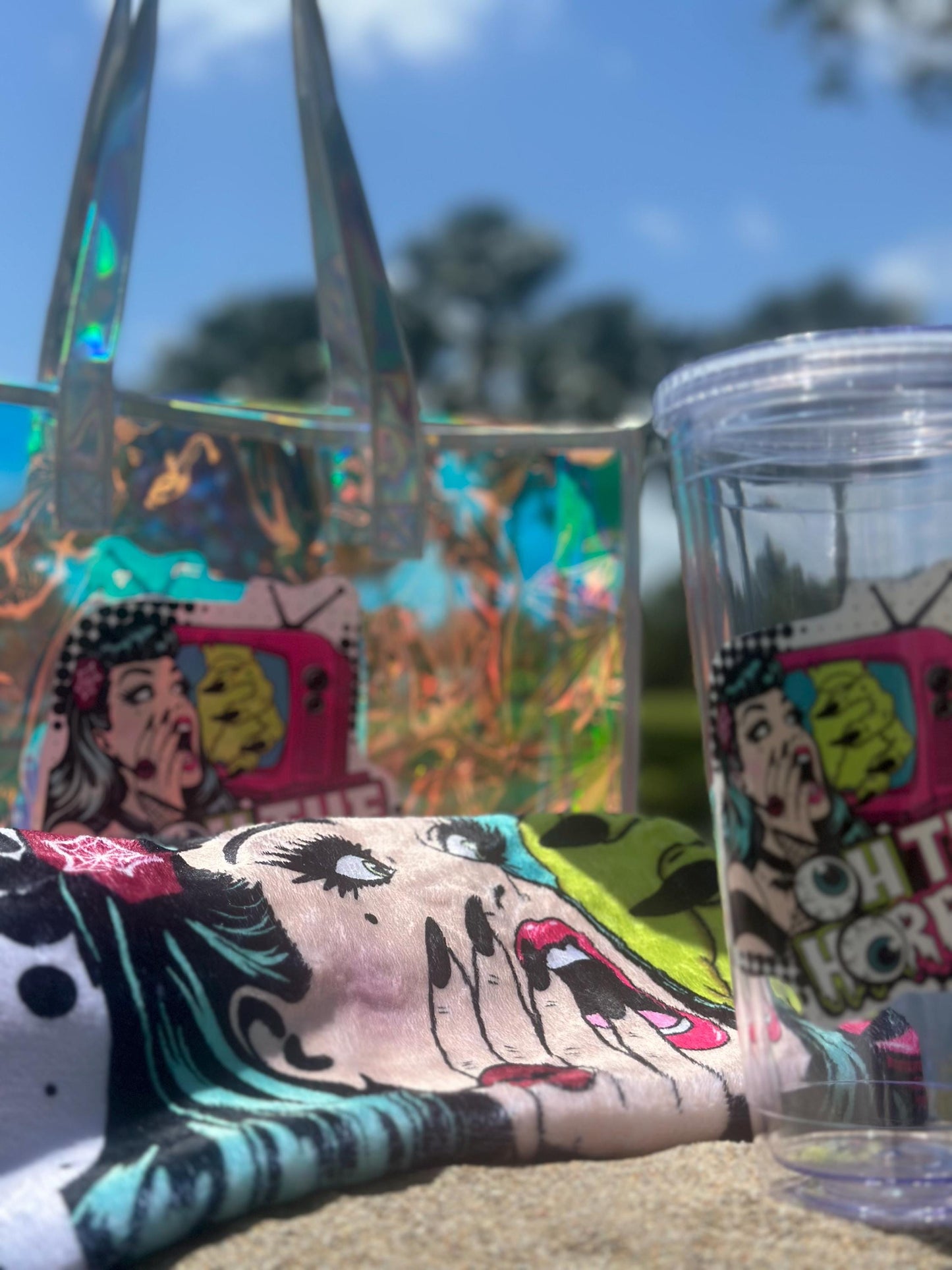 Spooky Beach Bundle Set – “Oh The Horror” Tote, Towel & 32oz Tumbler