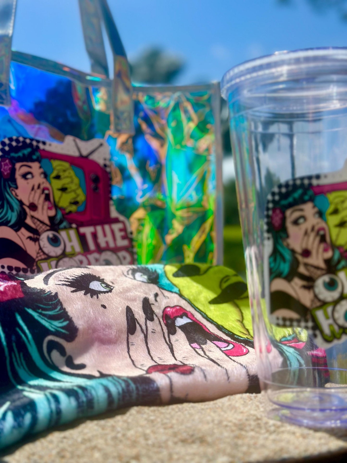 Spooky Beach Bundle Set – “Oh The Horror” Tote, Towel & 32oz Tumbler