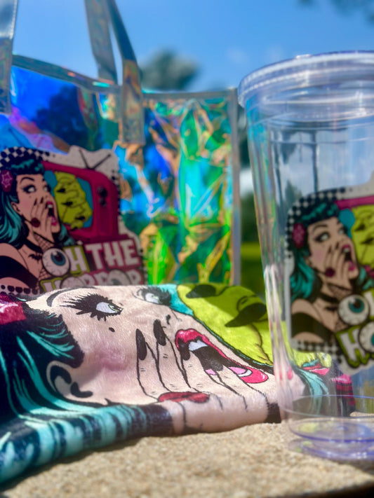 Spooky Beach Bundle Set – “Oh The Horror” Tote, Towel & 32oz Tumbler