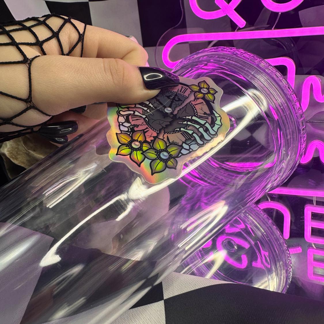 Broken Skeleton Clock Die Cut Waterproof Sticker—Timeless beauty with a gothic twist!