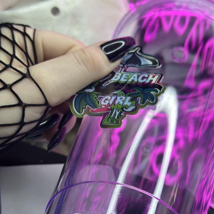 Horror Beach Girl Waterproof Sticker – Gothic Flamingo Palm Tree Decal in Glossy or Holographic Finish
