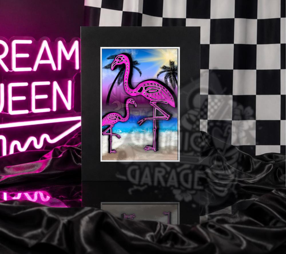 Flamingo Skeletons Art Print – Dark Gothic Birds, Quirky Alt Nature Decor, 8×6 or 11×14 Matted, Signed by Artist