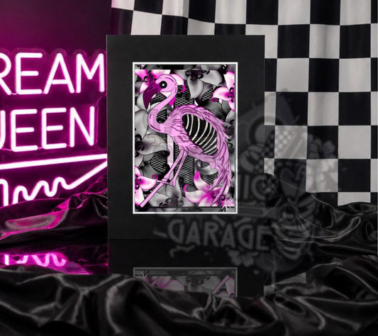 Gothic Flamingo Art Print – Pink Skeleton, Horror-Glam Decor