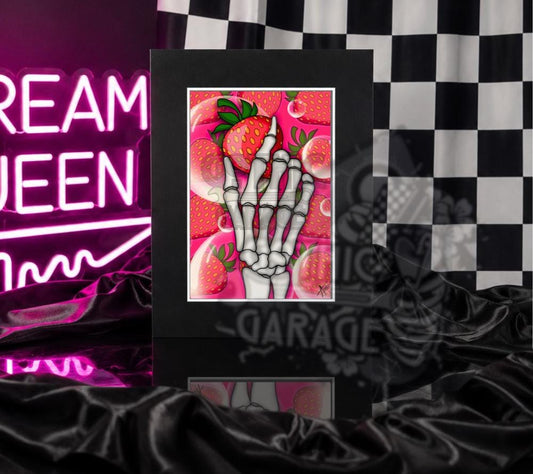 Gothic Strawberry Skeleton Art Print | Pink Pop Art Wall Decor