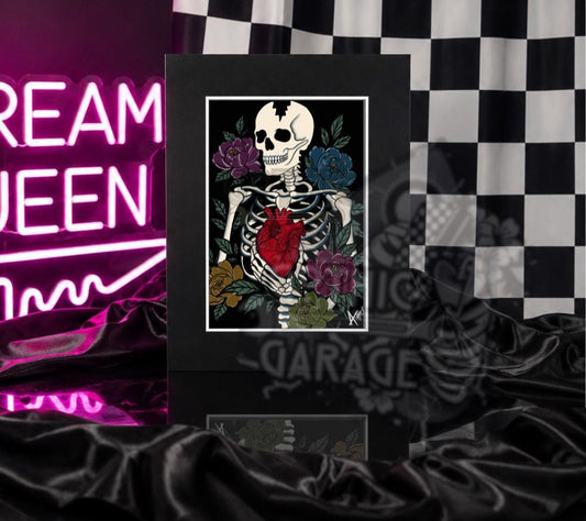 Skeleton Heart Art Print – Gothic Anatomical Wall Art with Dark Florals