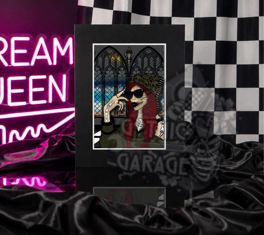 Gothic Skeleton Girl Art Print – Alt Church Scene Wall Art, 8x6 or 11x14 Matted Decor