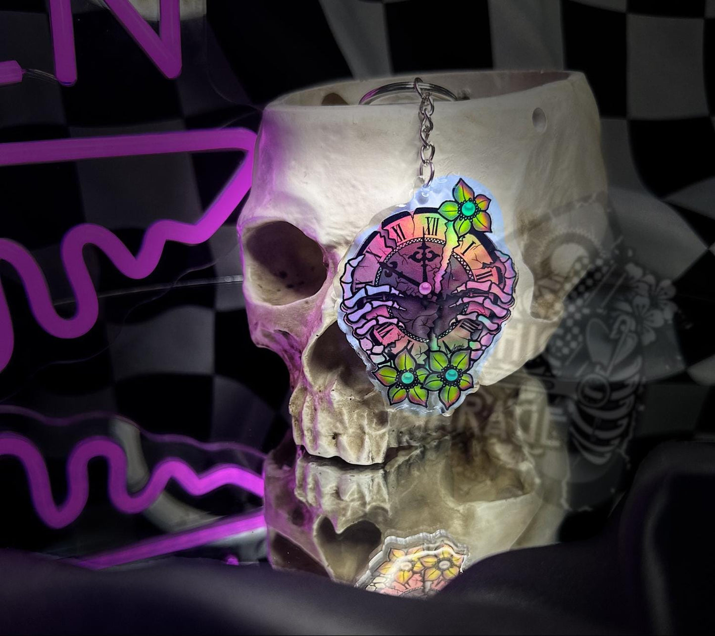 Skeleton Clock Keychain – Holographic Resin Key Ring with Gothic Flowers & Skull Hands