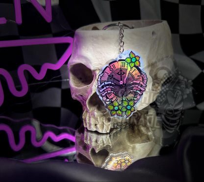 Skeleton Clock Keychain – Holographic Resin Key Ring with Gothic Flowers & Skull Hands