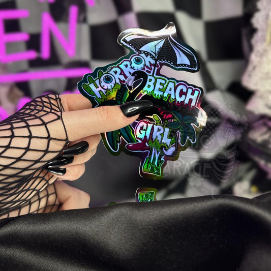 Horror Beach Girl Waterproof Sticker – Gothic Flamingo Palm Tree Decal in Glossy or Holographic Finish