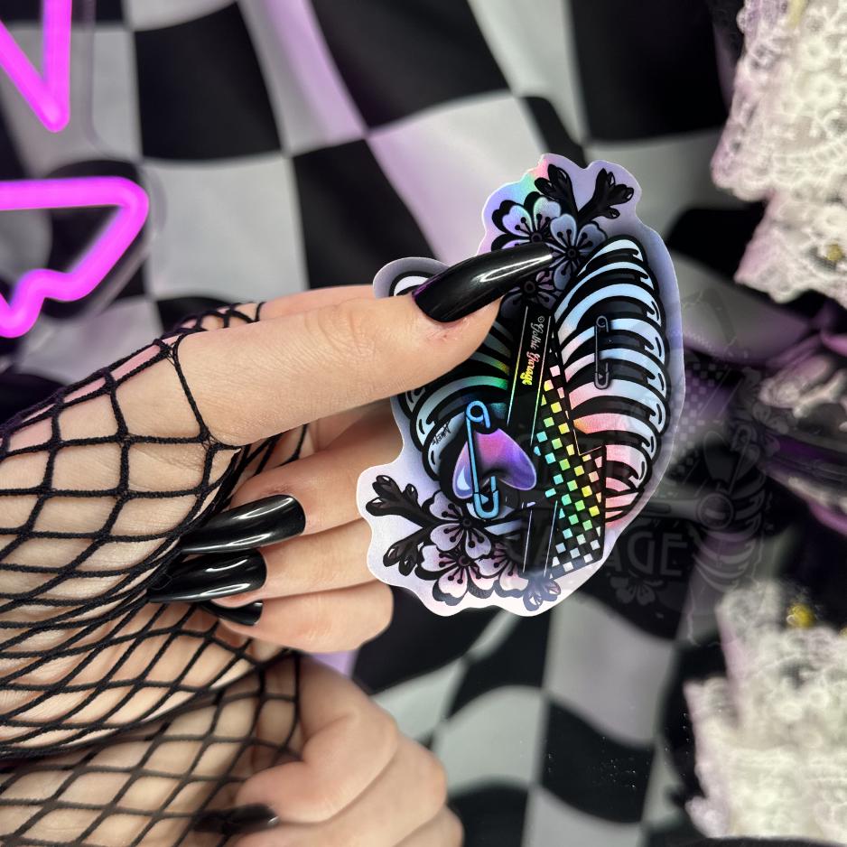Punk Skeleton Rib Cage Sticker: Cherry Blossoms, Gothic, Waterproof