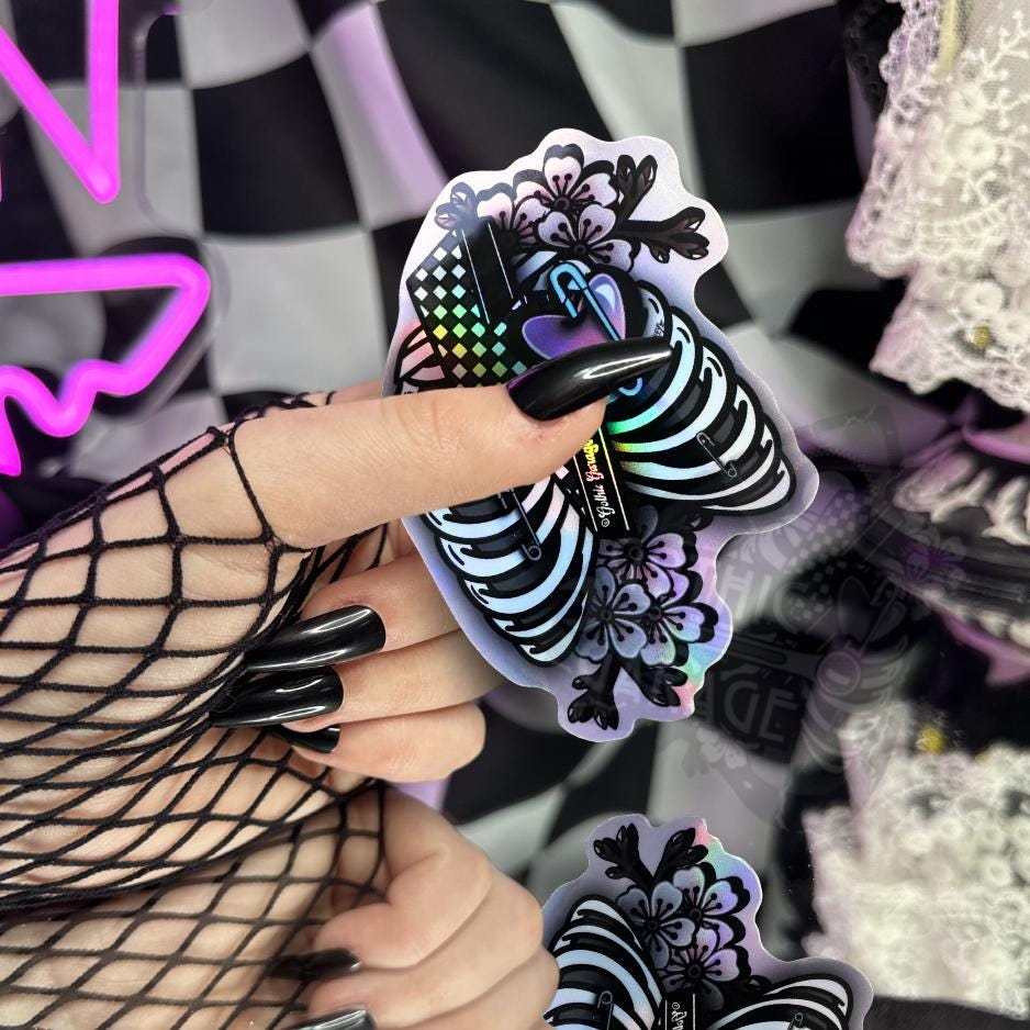 Punk Skeleton Rib Cage Sticker: Cherry Blossoms, Gothic, Waterproof