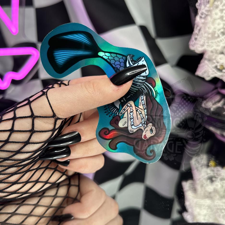 Gothic Nude Mermaid Die Cut Waterproof Sticker—Dive deep into haunting waters with this mesmerizing dark fantasy sticker!