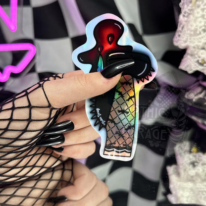 Gothic Punk Heel Sticker: Knife Blade, Fishnet Leg - Waterproof Die Cut