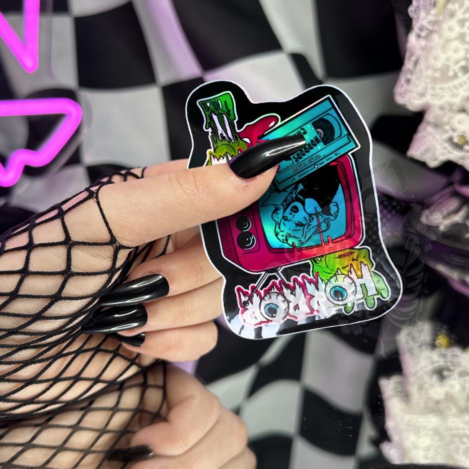 Retro Horror Girl Waterproof Sticker – Vintage Gothic TV Design