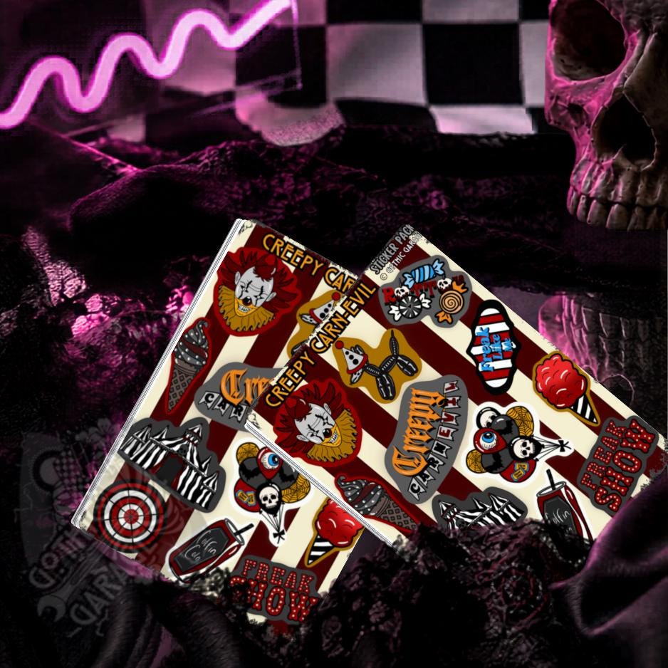 Creepy Carnival Sticker Sheet – Horror Circus Clown Aesthetic - Perfect for Scary Scrapbooking & Collecting or Showing Off