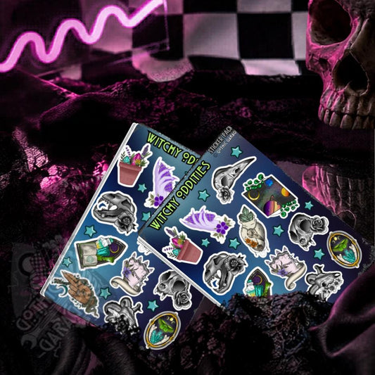 Gothic Witchy Oddities Sticker Sheet, Aesthetic Skulls, Mystical Moons & Plants - Perfect for Scrapbooking and Collecting