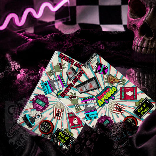 Horror Arcade Sticker Sheet – Creepy Tokens, Haunted Games & Retro Gore Galore