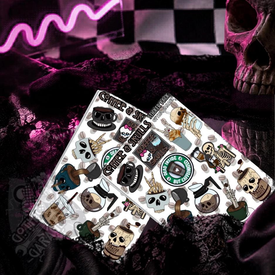 Coffee & Skulls – Gothic Sticker Sheet Coffee Skeletons– Perfect for Coffee Lovers