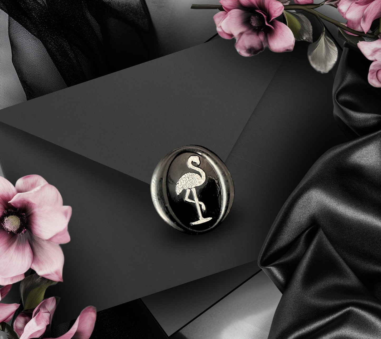 Black Flamingo Wax Seal Sticker – Gothic Peel and Stick Envelope Seal for Journals, Invitations & Happy Mail