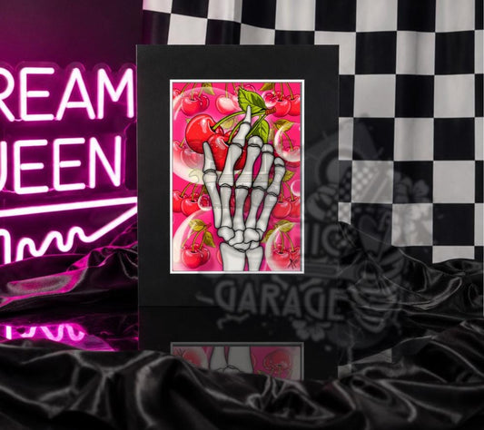 Gothic Cherry Skeleton Art Print | Pink Spooky Wall Decor