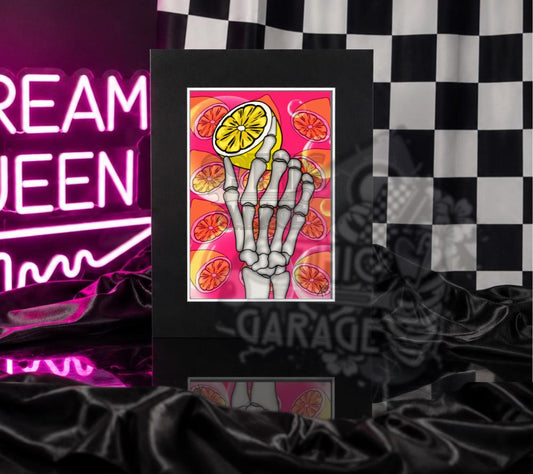 Gothic Lemon Skeleton Art Print | Pink Spooky Wall Decor
