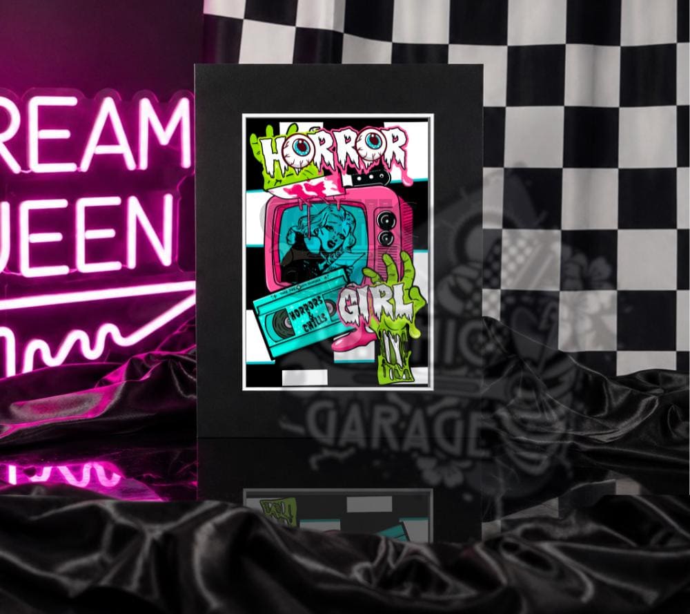 Horror Girl Art Print – Retro Slasher Girl Pop Art with VHS, TV & Zombie Hand | Gothic Wall Decor