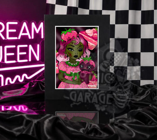 Strawberry Goth Girl Art Print – Creepy Cute Dessert Horror Wall Decor