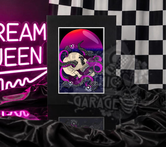 Neon Skull Octopus Art Print – Gothic Deep Sea Horror Wall Art with Tentacles & Skeleton Fish