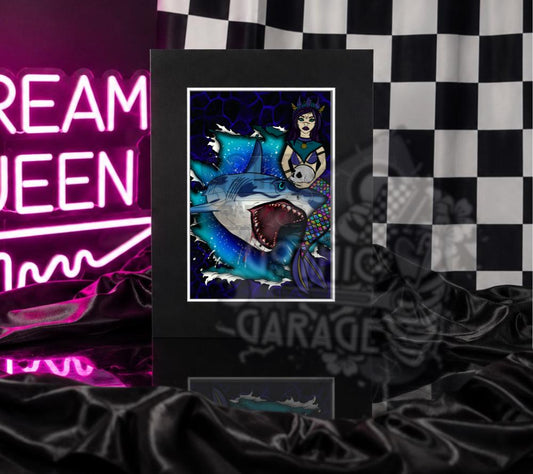 Shark Siren Gothic Art Print – Dark Mermaid & Killer Shark Ocean Artwork, 8x6 or 11x14 Matted