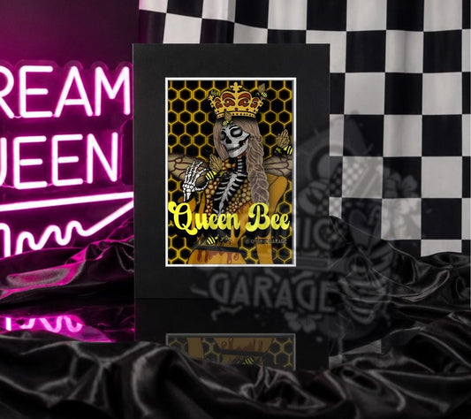 Queen Bee Skeleton Art Print – Honeycomb Gothic Wall Decor, 8×6 or 11×14 Matted Decor