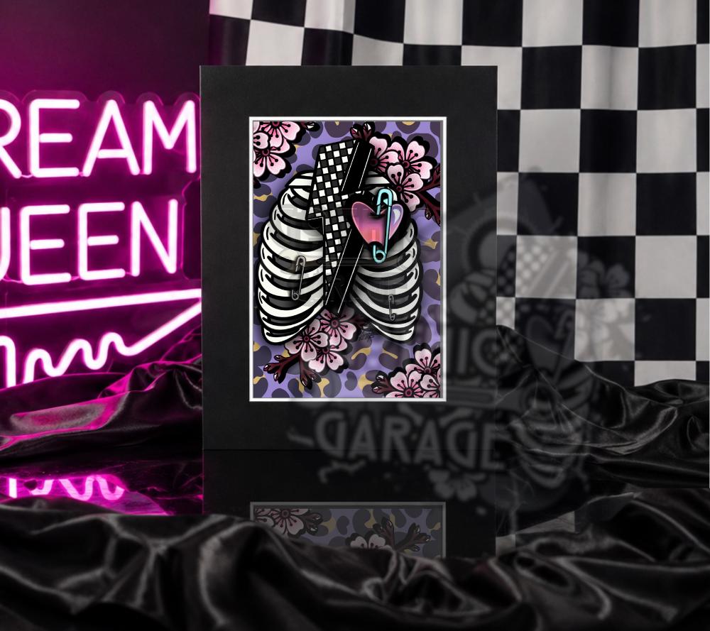 Punk Rib‑Cage Skeleton Print – Cherry Blossom Gothic Art, 8×6 or 11×14 Matted