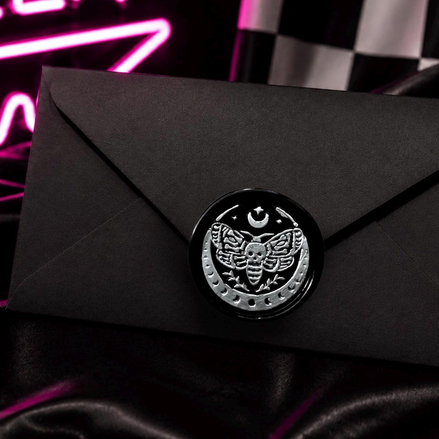 Handpoured Gothic Moth Wax Seal Sticker: Celestial Moon Wedding Envelope
