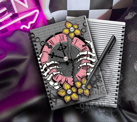 Broken Time Gothic Clock Notebook – Skeleton Hand Journal with Flowers & Roman Numerals