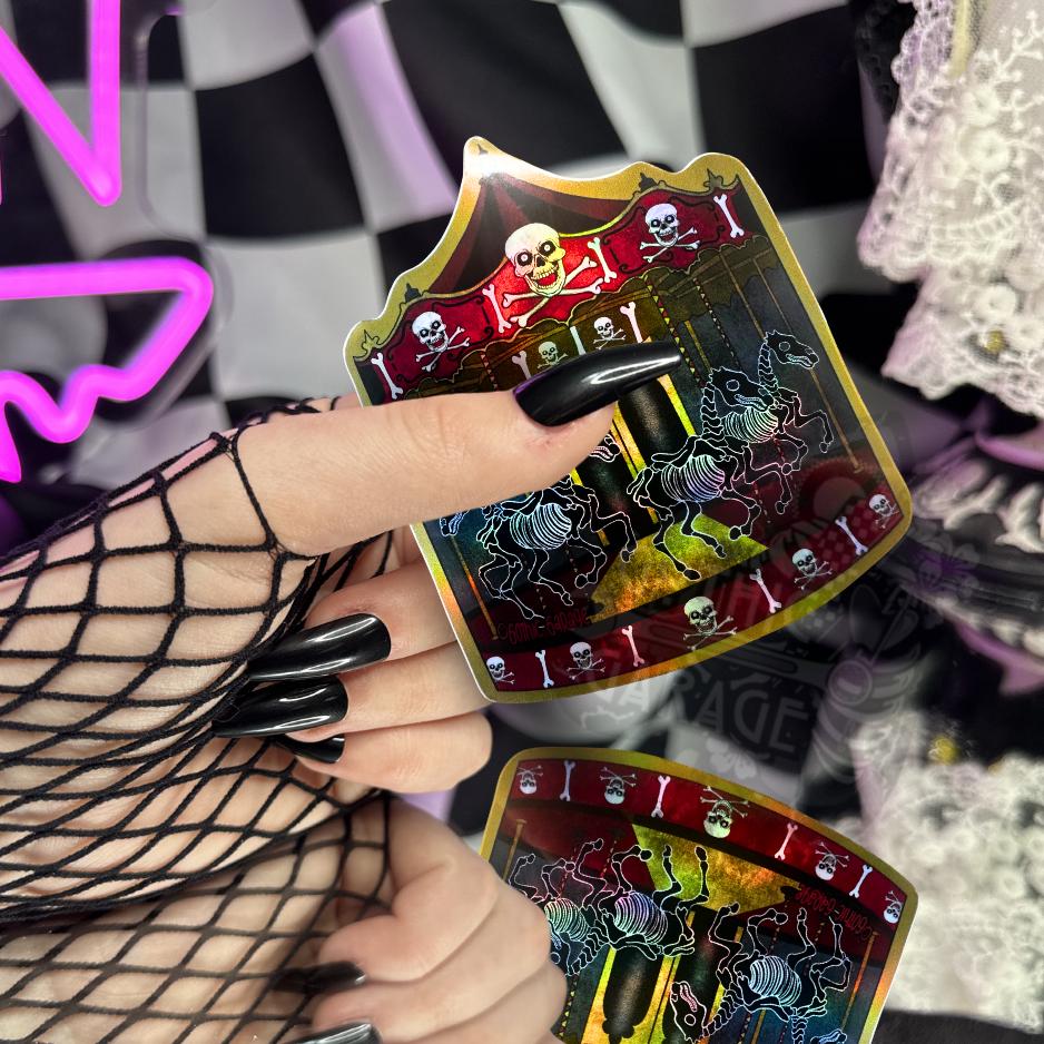 Creepy Carousel Sticker – Gothic Skeleton Horse Waterproof Vinyl Decal for Laptops, Water Bottles & Journals