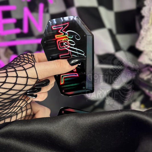 Neon Red Coffin Motel Sticker: Gothic Waterproof Die Cut