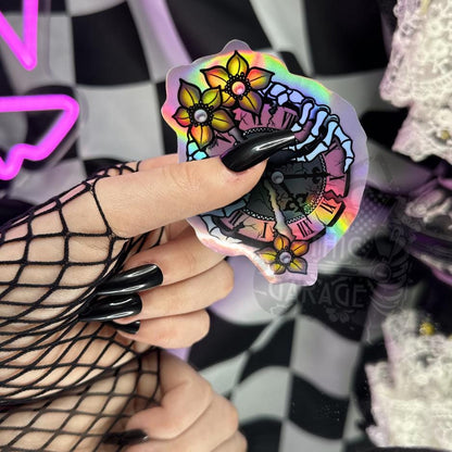 Broken Skeleton Clock Die Cut Waterproof Sticker—Timeless beauty with a gothic twist!