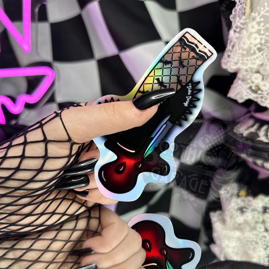 Gothic Punk Heel Sticker: Knife Blade, Fishnet Leg - Waterproof Die Cut