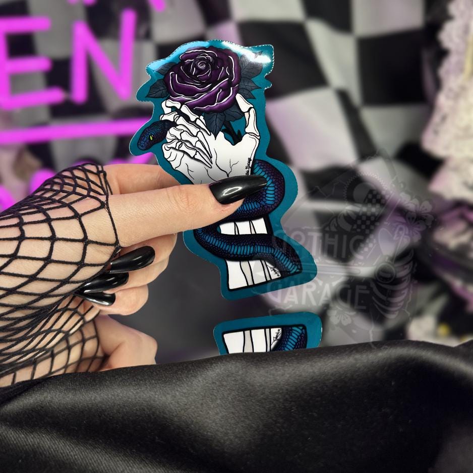Gothic Snake & Purple Rose Sticker: Waterproof Vinyl Die Cut