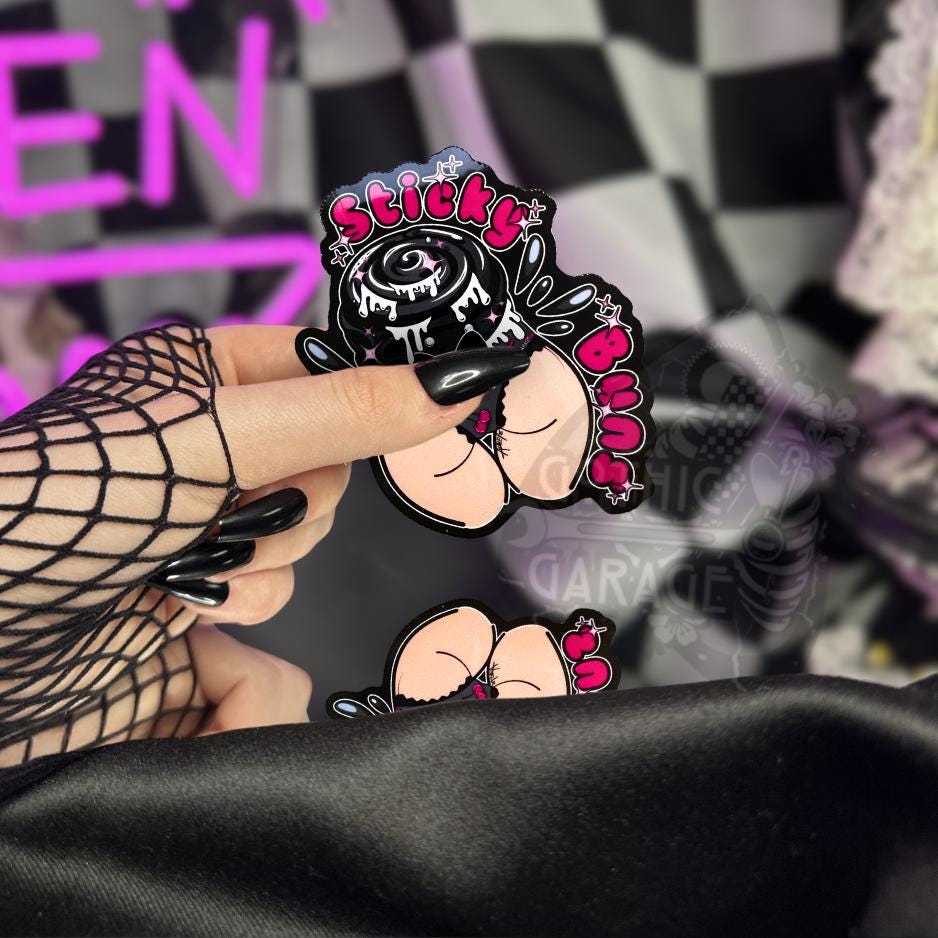 Naughty Goth Sticky Buns Sticker – Waterproof Die Cut, Glossy or Holographic Finish, Fun Gothic Humor Decal