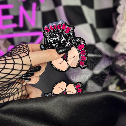 Naughty Goth Sticky Buns Sticker – Waterproof Die Cut, Glossy or Holographic Finish, Fun Gothic Humor Decal