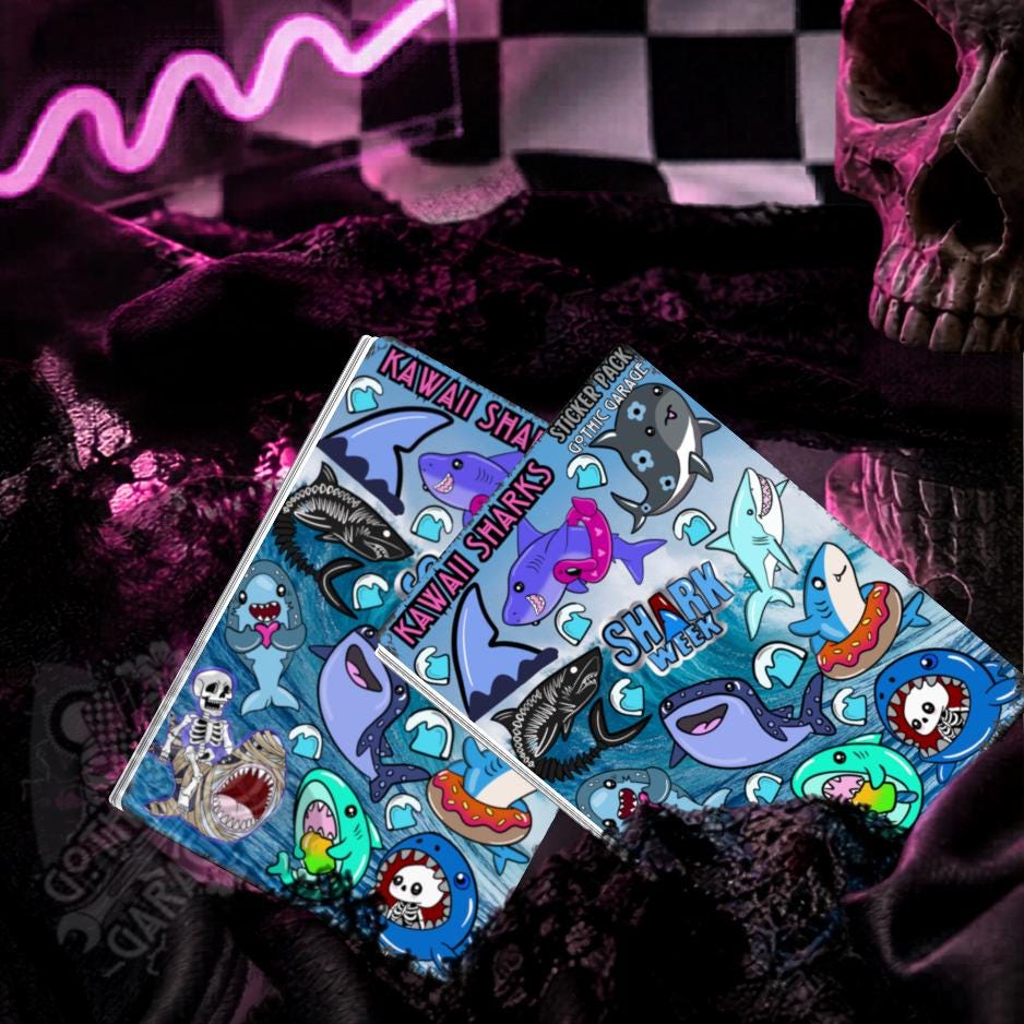 Kawaii Sharks Sticker Sheet– Goth Cute & Spooky Ocean Stickers